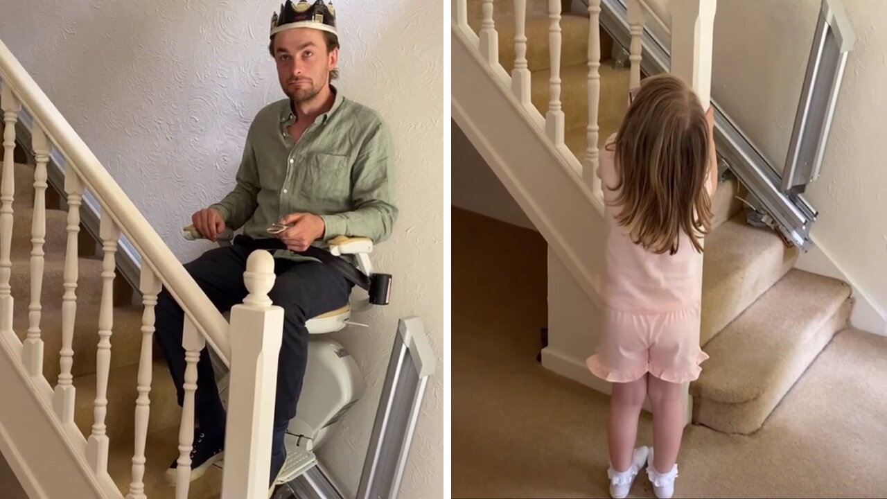 Guy feels like a king as he rides granny's stair lift