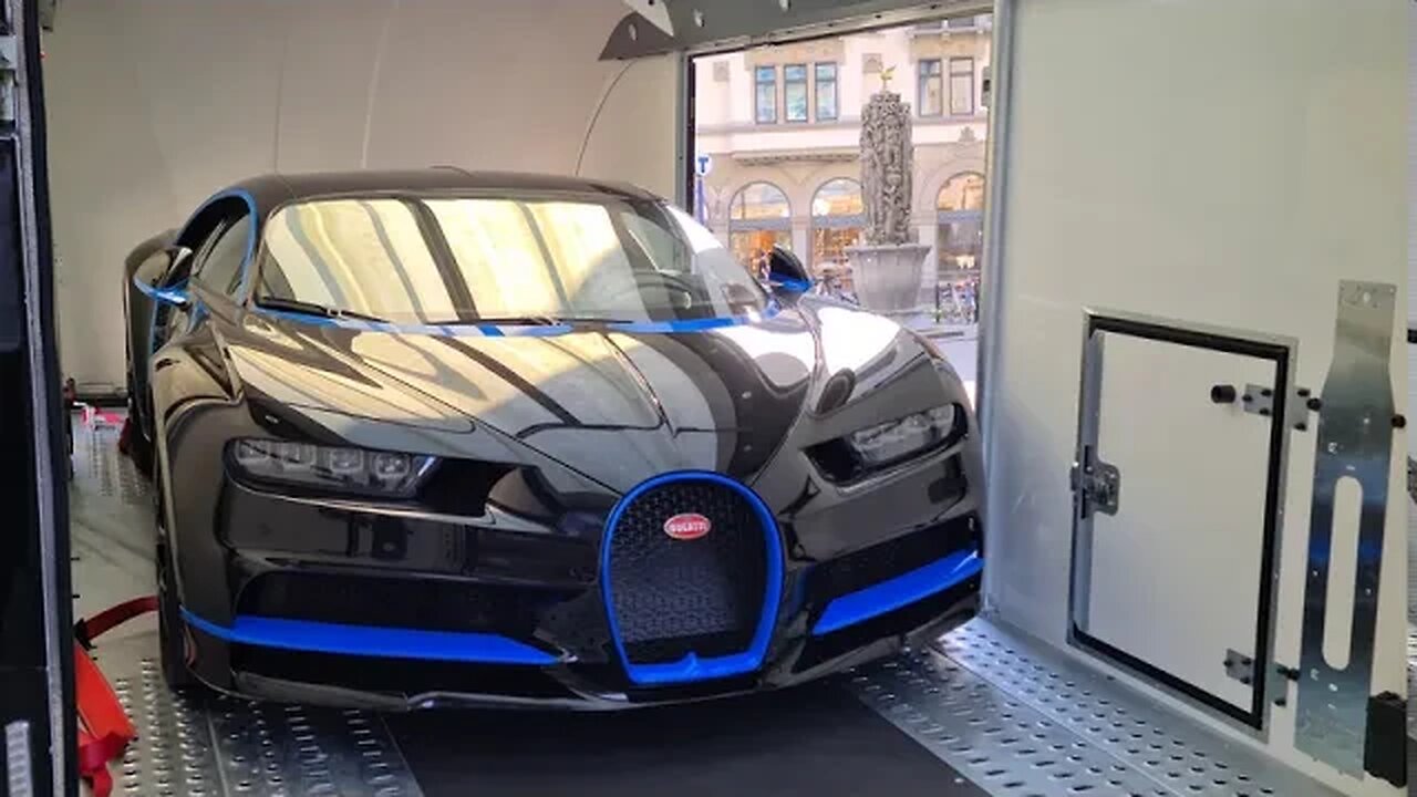 [8k] First part unboxing Bugatti Chiron Sport with luxury transporter with tie in Stockholm Sweden