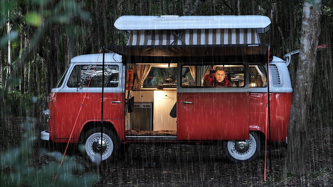 SOLO Camping In Rain [ Iconic 1975 VW Van Life, Cosy Relax And Sleep ASMR ]