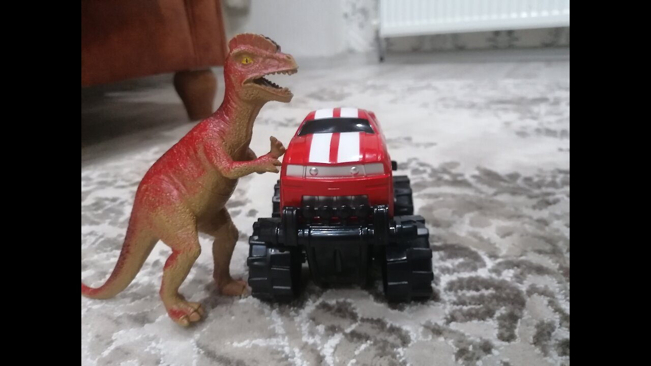 The car collided with a dinosaur