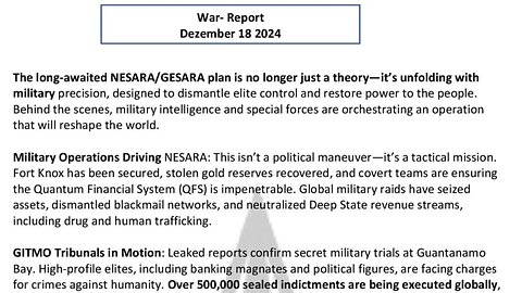 WAR REPORT - THE LONG AWAITED NESARA/GESARA PLAN