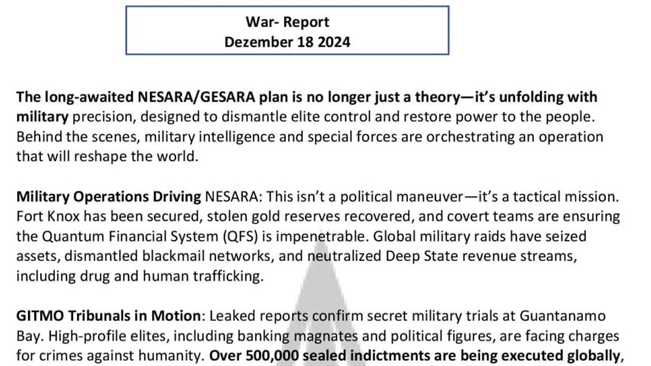 WAR REPORT - THE LONG AWAITED NESARA/GESARA PLAN