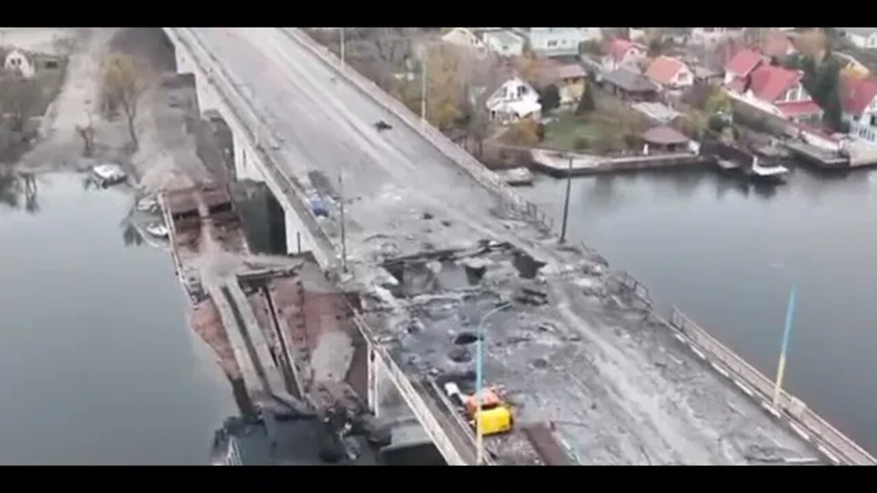 Drone view of the Antonovsky bridge - you can see several spans destroyed by the explosion