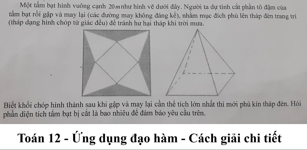 Toán 12: Một tấm bạt hình vuông cạnh 20m như hình vẽ dưới đây. Người tadự tính cắt phần tô đậm