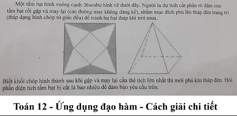 Toán 12: Một tấm bạt hình vuông cạnh 20m như hình vẽ dưới đây. Người tadự tính cắt phần tô đậm