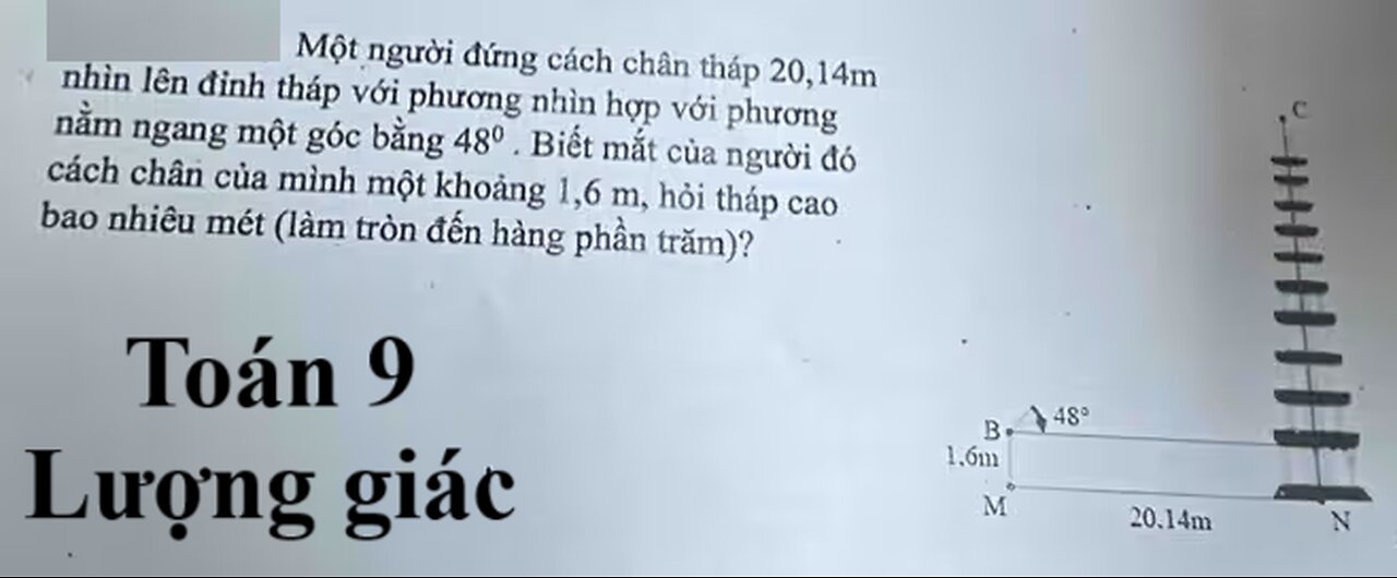 Toán 9: Một người đứng cách chân tháp 20,14m nhìn lên đỉnh tháp với phương nhìn hợp với phương