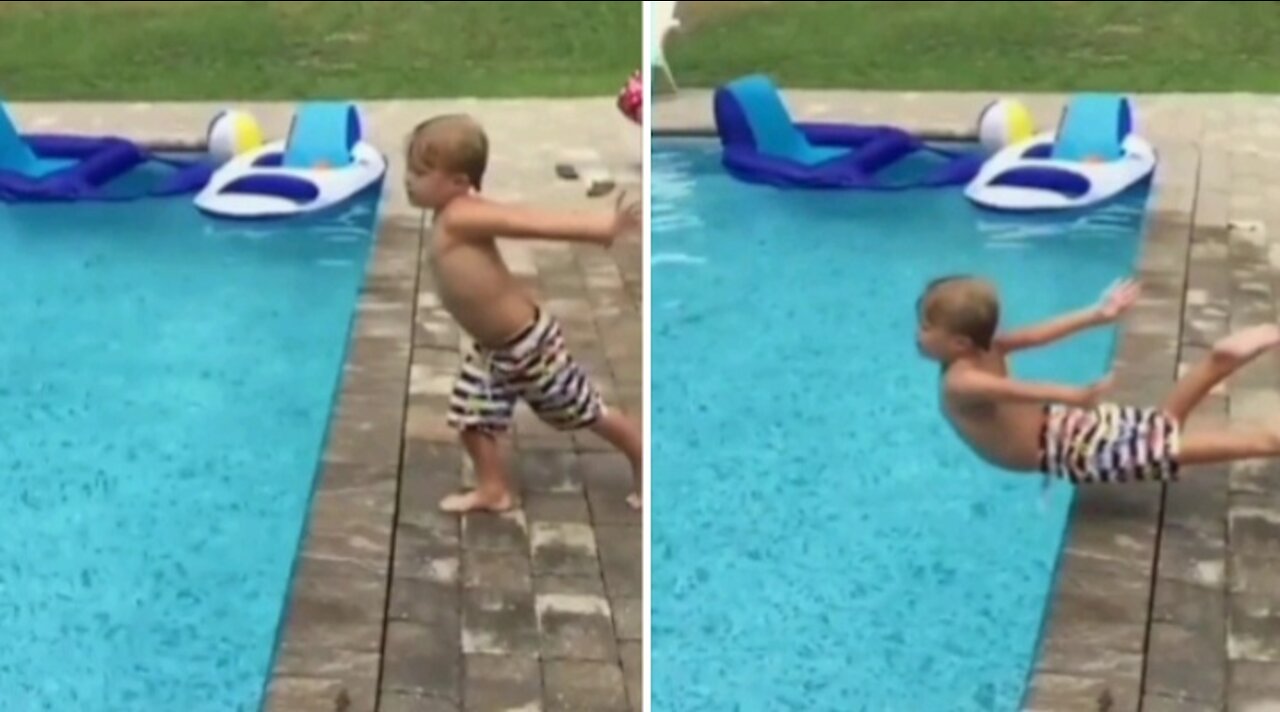 This boy discovers the most complicated way to take a dip in the pool