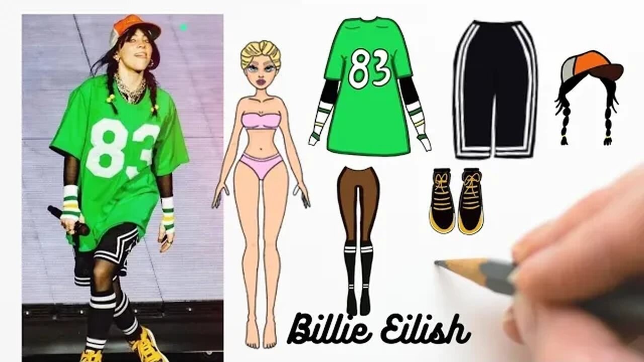 COMO DESENHAR LOOK BILLIE EILISH - VERSÃO BONECA DE PAPEL #bonecadepapel #billieeilish #paperdolls