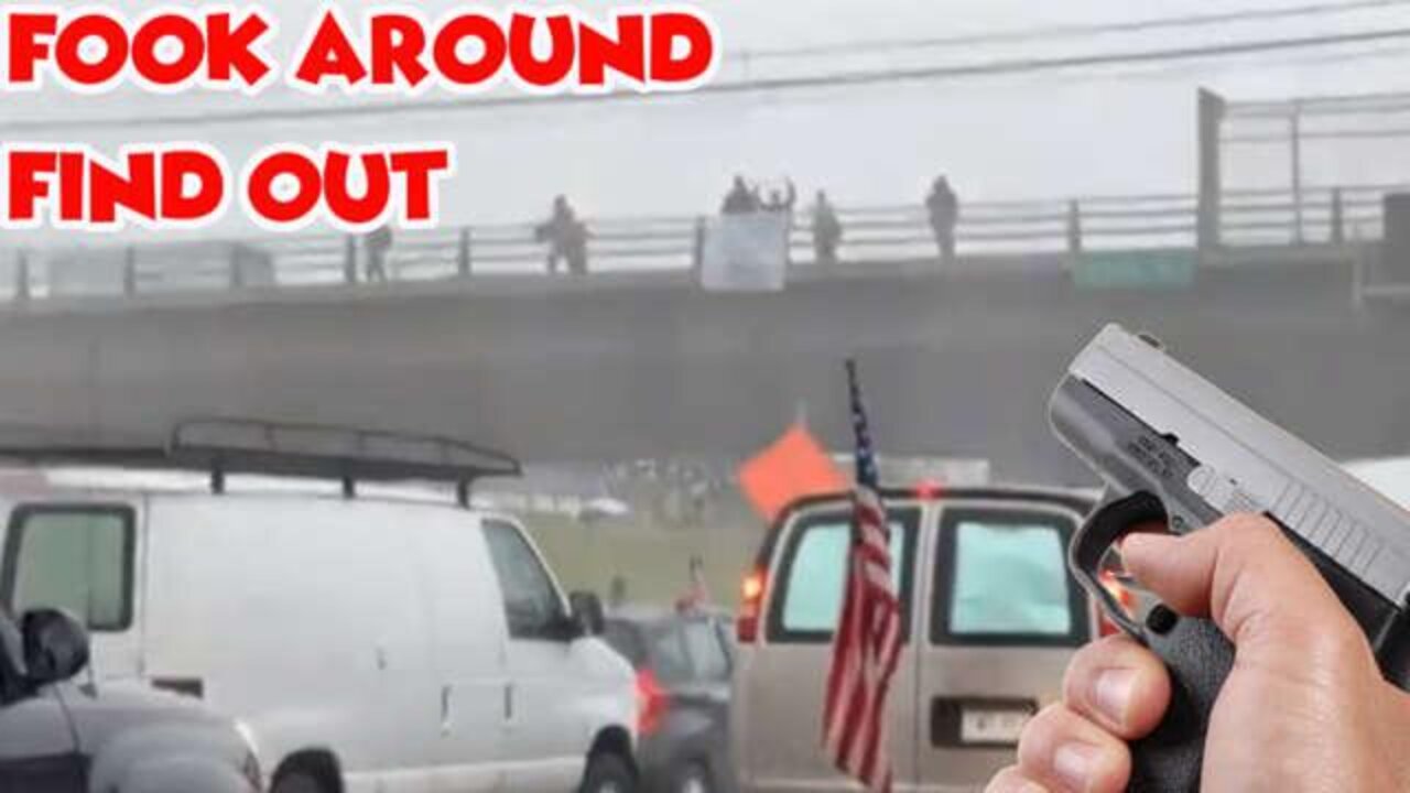 TRUCKER CONVOY SHOOTS AT ANTIFA LUNATICS THROWING ROCKS AT THEM FROM FREEWAY OVERPASS