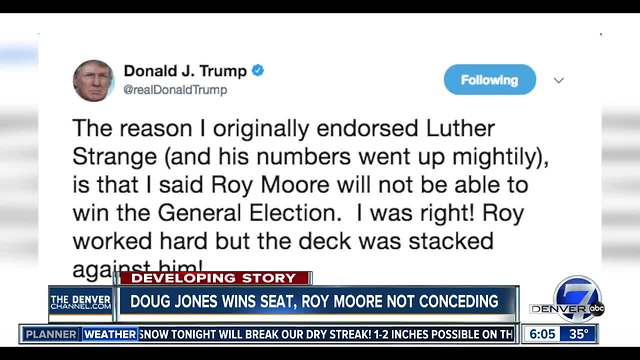 Jones beats Moore, Trump tweets "I was right"