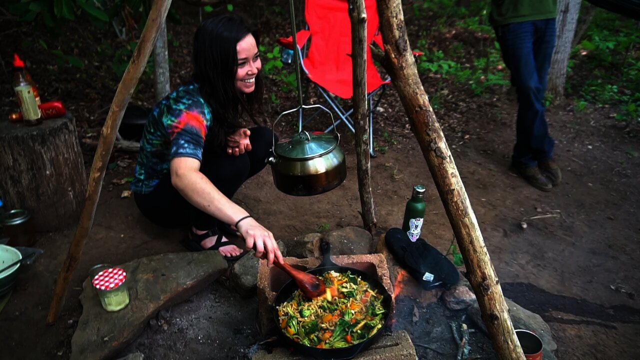 Spring Bushcraft Camping with my Neighbor. Foraging Hemlock tips and cooking over a campfire.