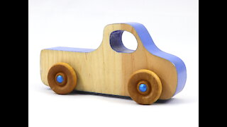 Handmade Wooden Toy Pickup Truck Blue Two-Tone Body With Metallic Blue Hubs