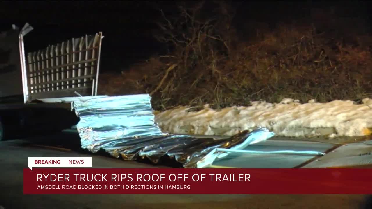 Roof ripped off box truck closing Amsdell Road in Hamburg