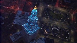 Terminal Tower lights up in blue for World Autism Awareness Day