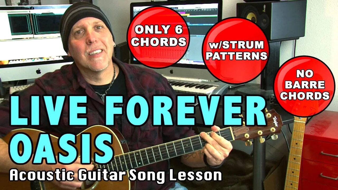 Oasis Live Forever EZ Acoustic Guitar lesson: No Barre Chords