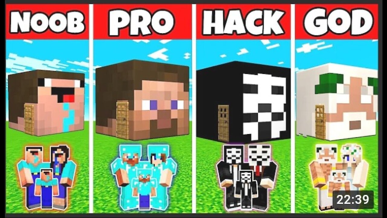Minecraft: FAMILY HEAD BLOCK HOUSE BUILD CHALLENGE - NOOB vs PRO vs HACKER vs GOD in Minecraft