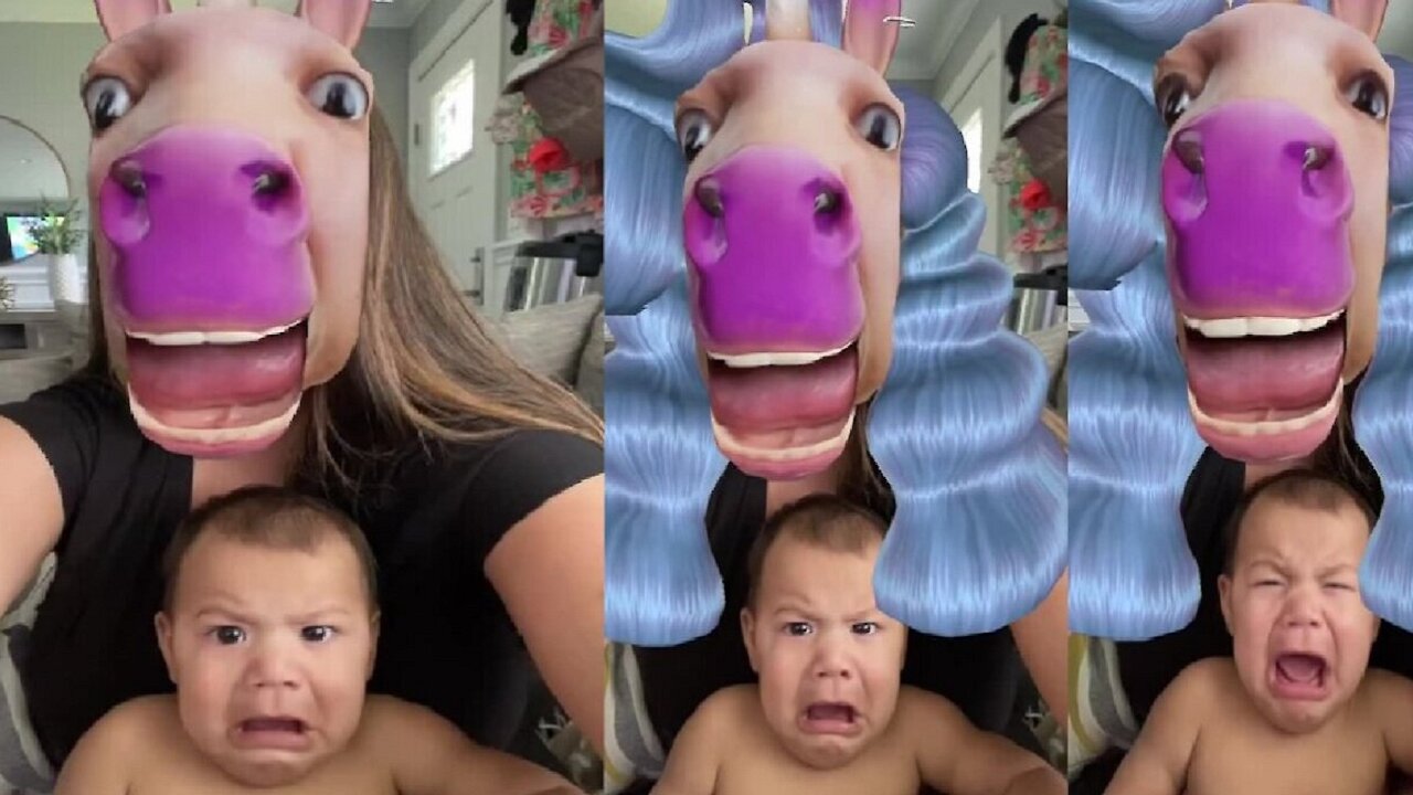 Baby falls victim to hilarious 'horse face' video filter