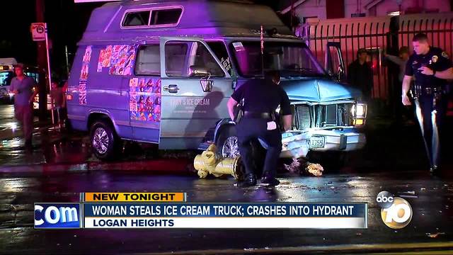 Woman steals ice cream truck; crashes into hydrant