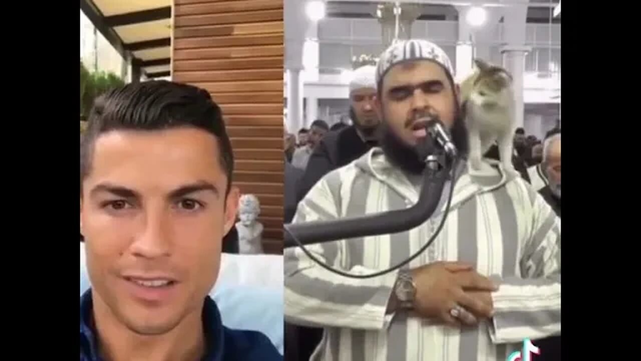 C Cristiano Ronaldo reacts to a cat, jumping on a IMAM while praying ￼