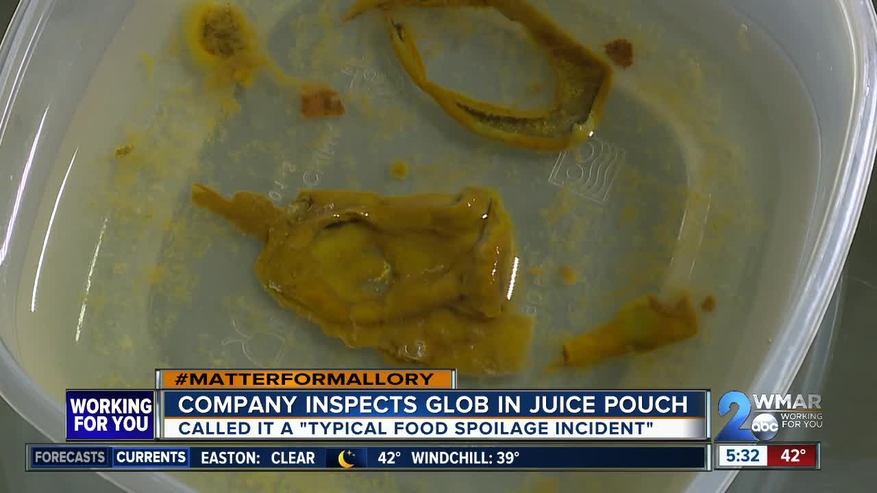 Company inspects glob found in child's juice pouch