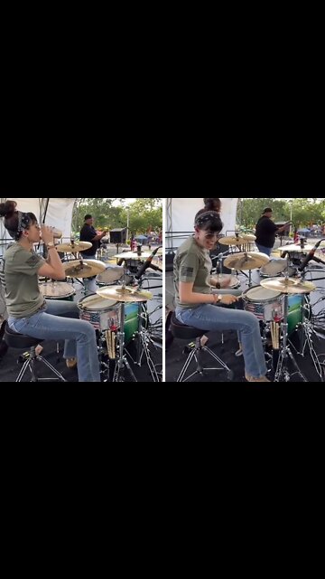 Guitarist begins playing as drummer sips her coffee