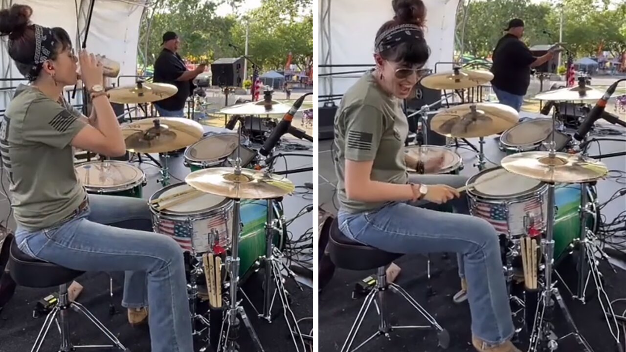 Guitarist begins playing as drummer sips her coffee