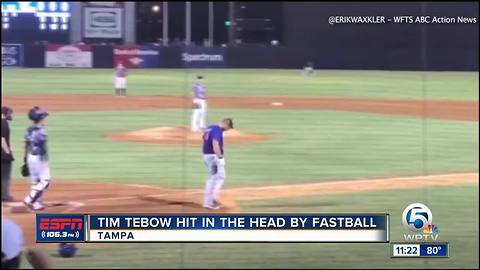 Tim Tebow hit in head by pitch, stays in game