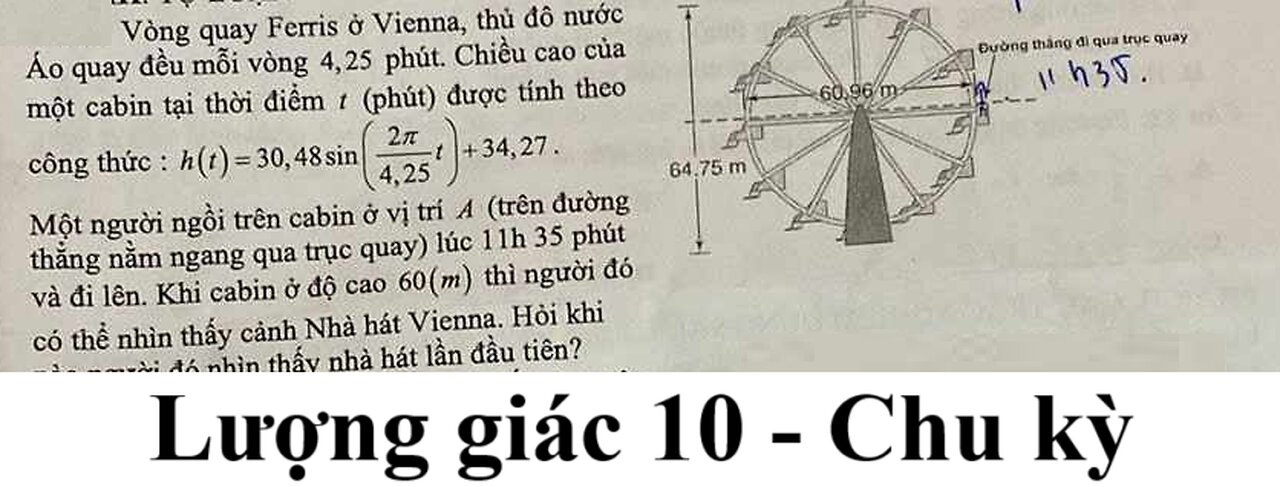 Toán 10: Lượng giác: Vòng quay Ferris ở Vienna, thủ đô nước Áo quay đều mỗi vòng 4,25 phút