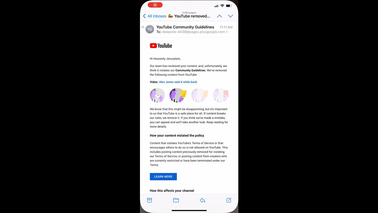 Email from YouTube informing me that my video was removed