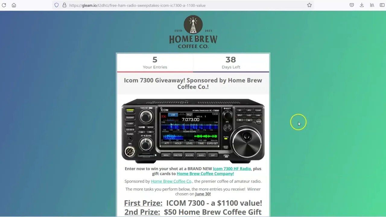 ICOM 7300 Giveaway!!!!!! Sponsored By Home Brew Coffee Co.