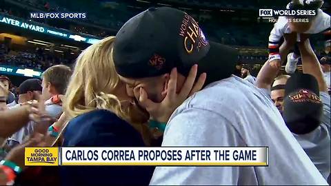 Astros' Carlos Correa proposes to girlfriend at Dodger Stadium moments after World Series win