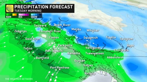 A series of Pacific fronts will soak B.C. with heavy rain and alpine snow through next week