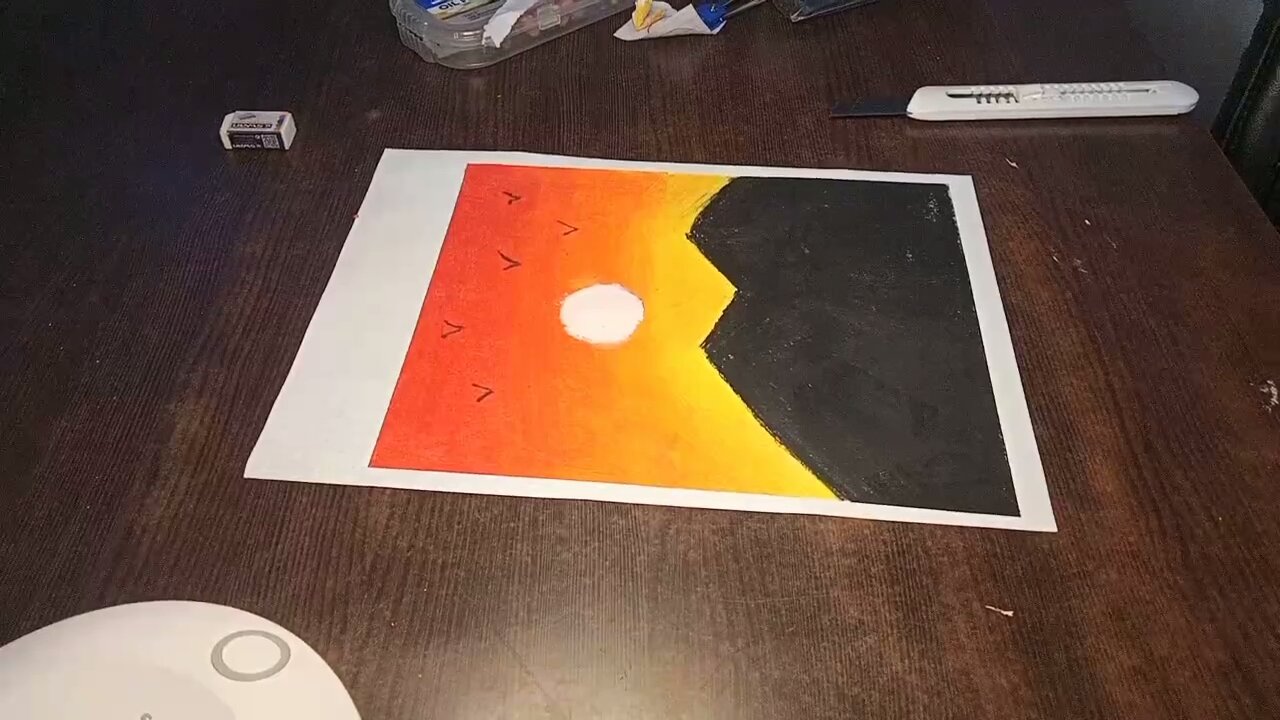 Drawing with oil pastel colours sunset view