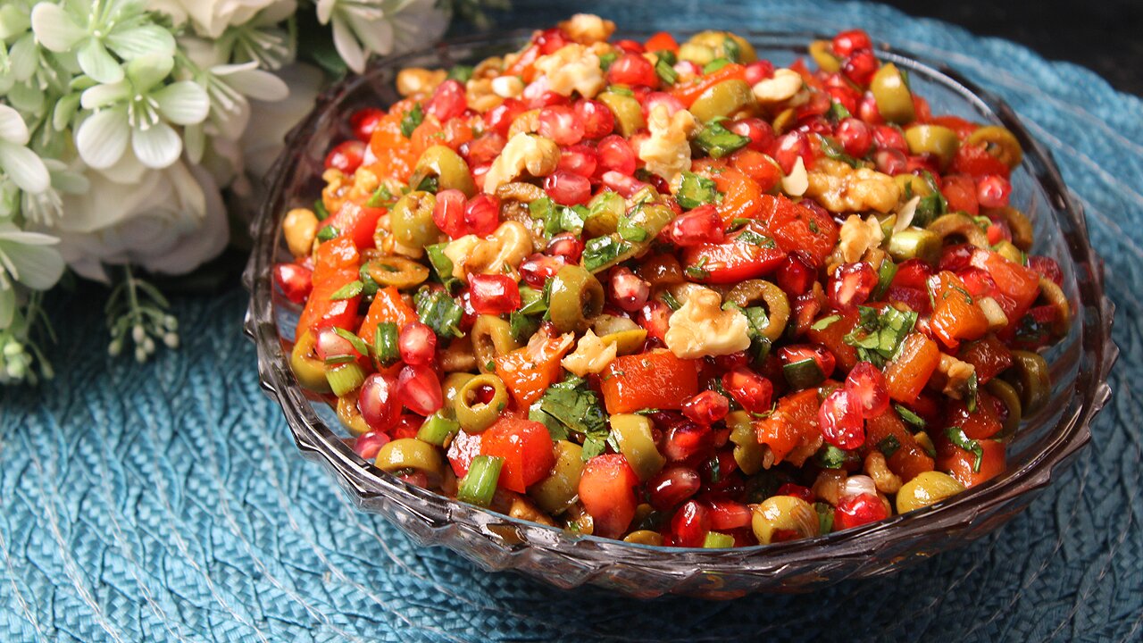 Healthy Green Olive Salad With Walnut & Pomegranate Molasses Syrup Dressing