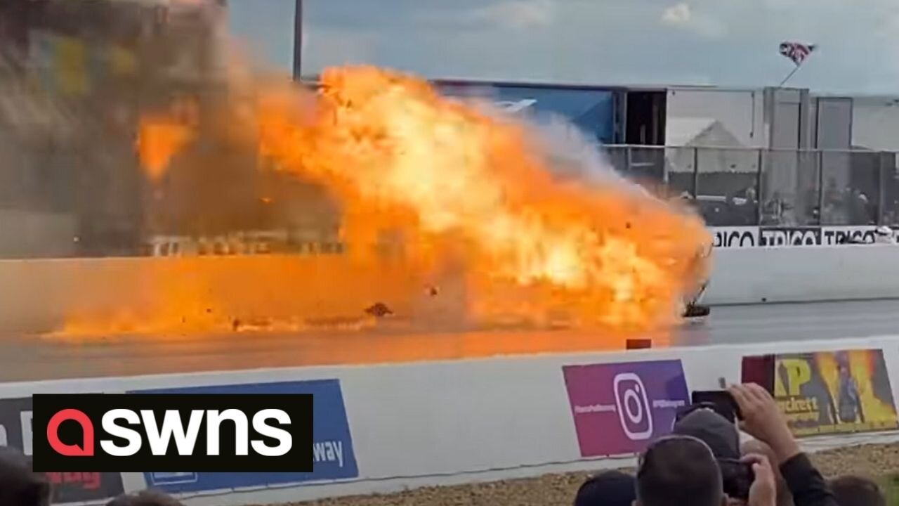 Drag racer escapes unscathed after his car crashed and erupted into flames