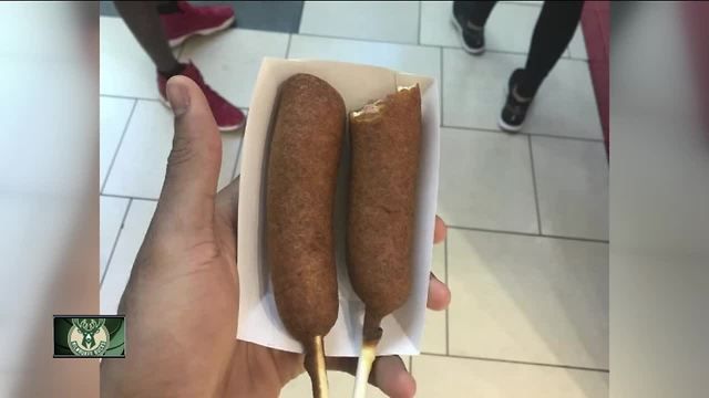 Giannis Antetokounmpo endulges in a corndog for the first time