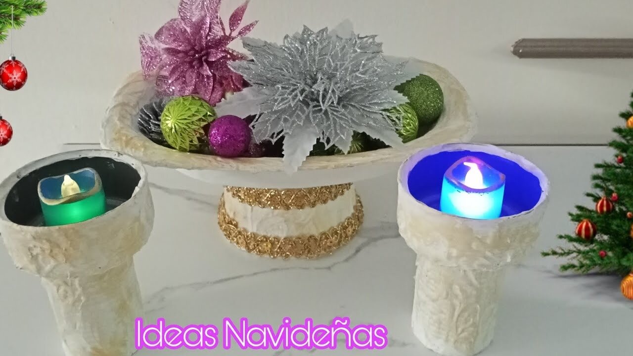 CENTRO DE MESA Y CANDELABROS NAVIDEÑOS CON RECICLAJE_ Ideas navideñas