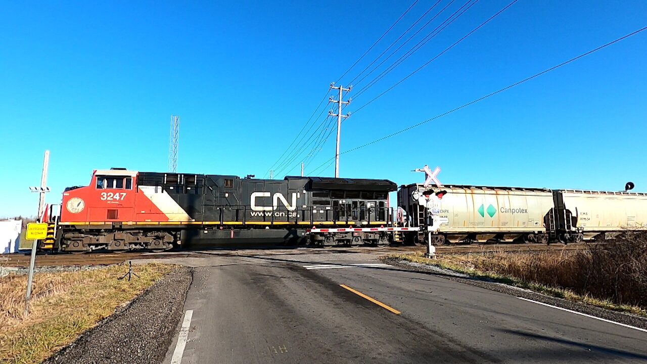 CN 3247 & CN 2875 DPU Locomotives Potash Train West In Ontario