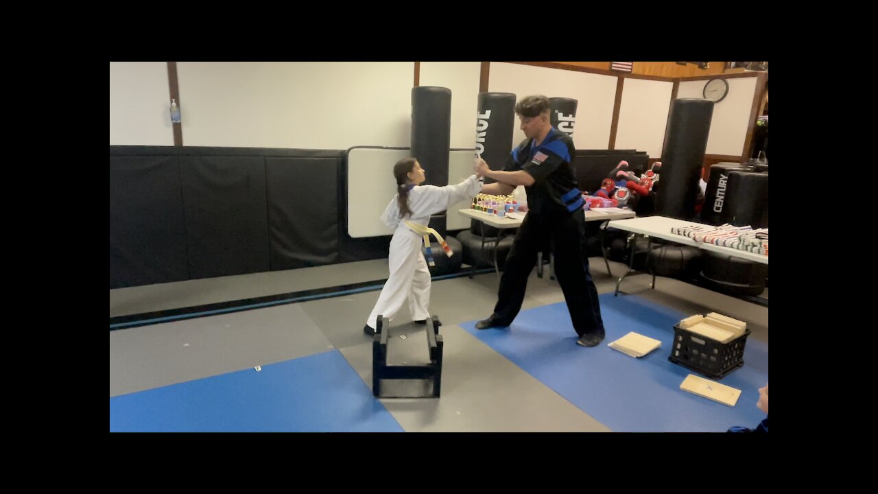 Right side sword kick and palm strike breaks