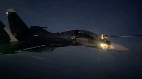Evening air-to-air refueling of a Russian Naval Aviation Sukhoi Su-30SM multirole fighter.