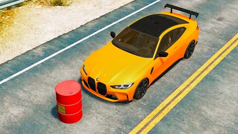 BMW M4 vs Explosive Barrel – BeamNG.Drive