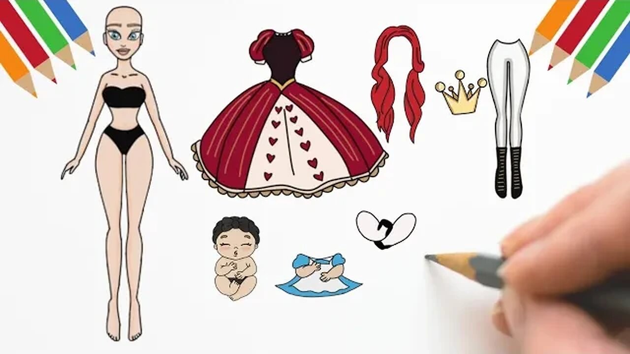 Como Desenhar BONECA DE PAPEL+ BEBÊ+ FANTASIA RAINHA DE ♥️ E ALICE #bonecadepapel #paperdolls