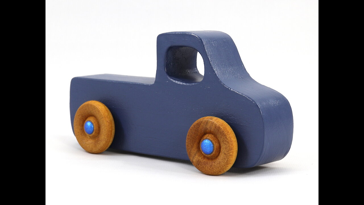 Little Blue Truck Handmade From Wood and Painted Navy Blue With Metallic Blue Hubs