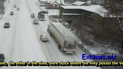 Vernon Snow -2 Semis stuck on Hwy 97 next to Vernon Jubilee Hospital