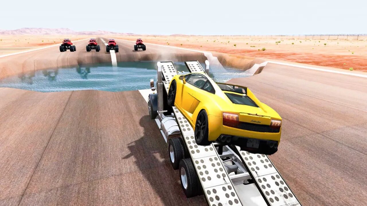 Cars Gaint PotHoles Vs Metal Ramp Trucks BeamNG Drive Cars vs Ramp Truck – BeamNG.Drive