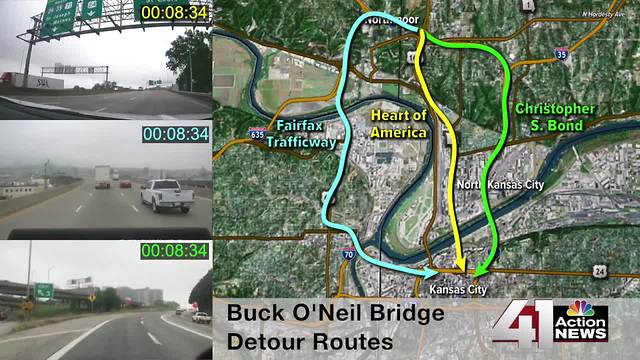 How long do the detours around the Buck O'Neil Bridge closure take during rush hour?