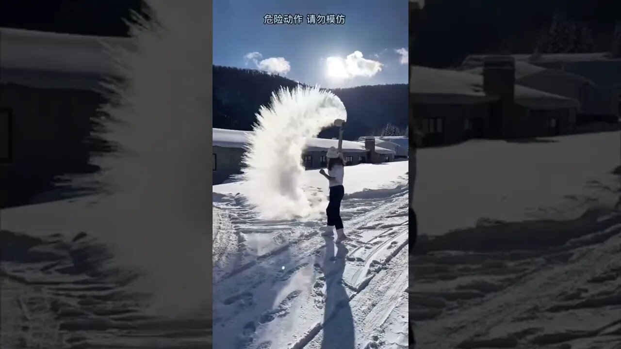 Chinese Girl Having Fun In The North Of China Creates A Frozen Water Show