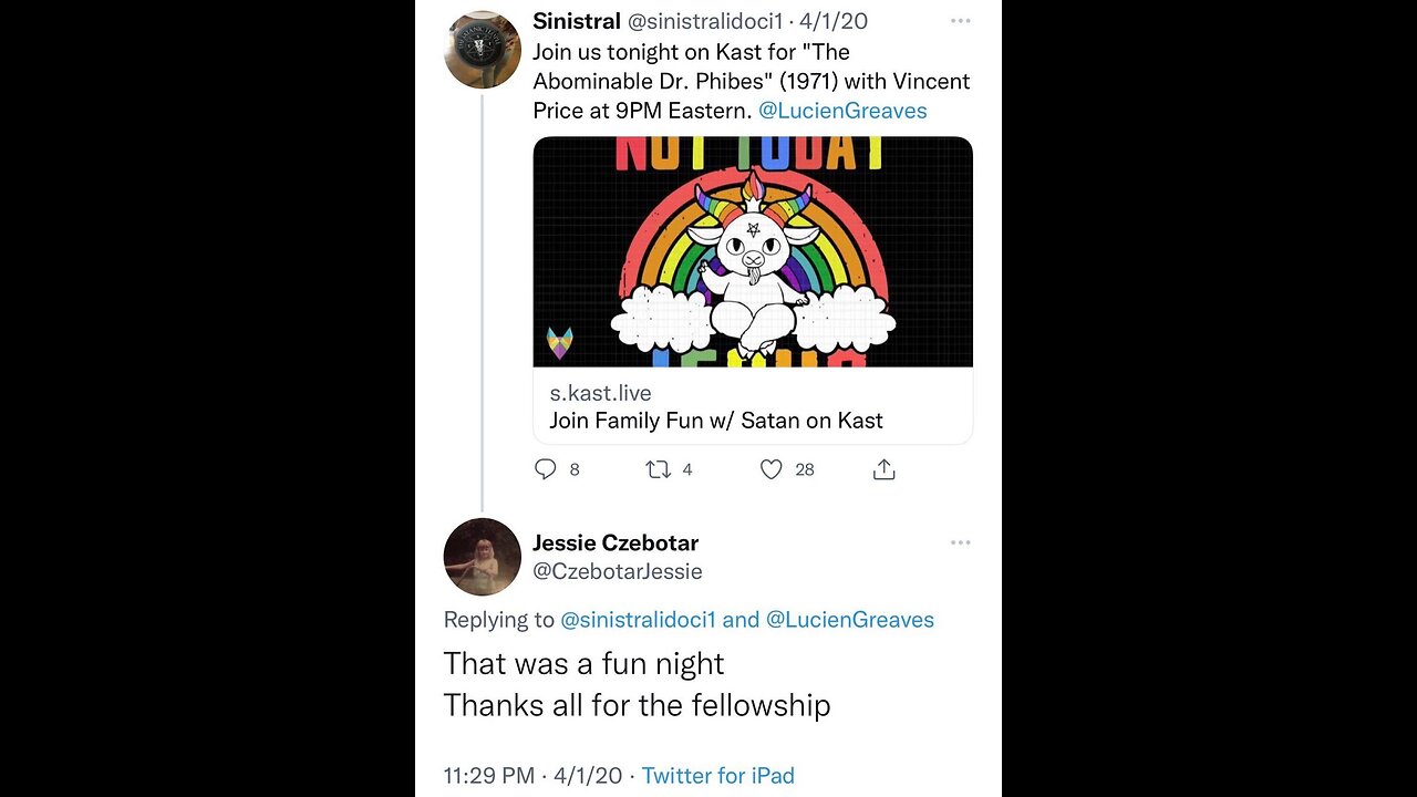 Jessie Czebotar Tweets: The Satanic Temple TV, Movie Night, Halloween 2019 through April 2021