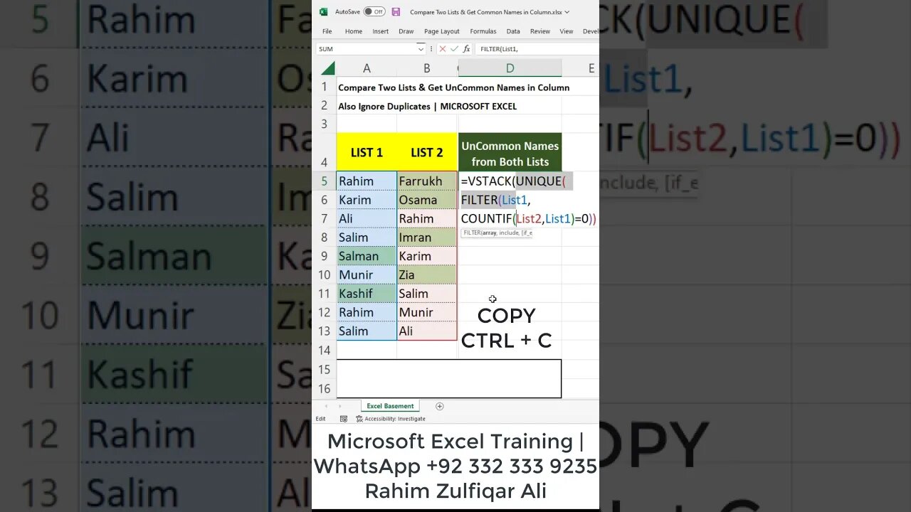 Compare Two Lists & Get UNCOMMON Names in Separate Column, Unique Match Names in Excel #shorts