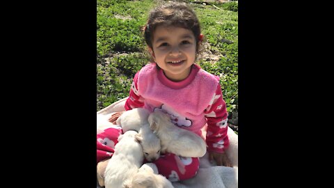 How happy this girl with puppies